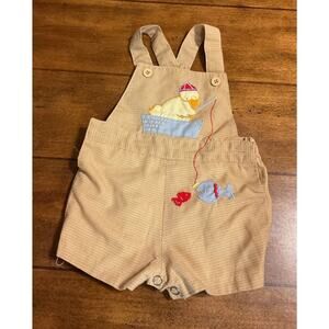 Vintage Happy Kids Short Overalls Boys Sz 0-6 Month Duck Boat Beige